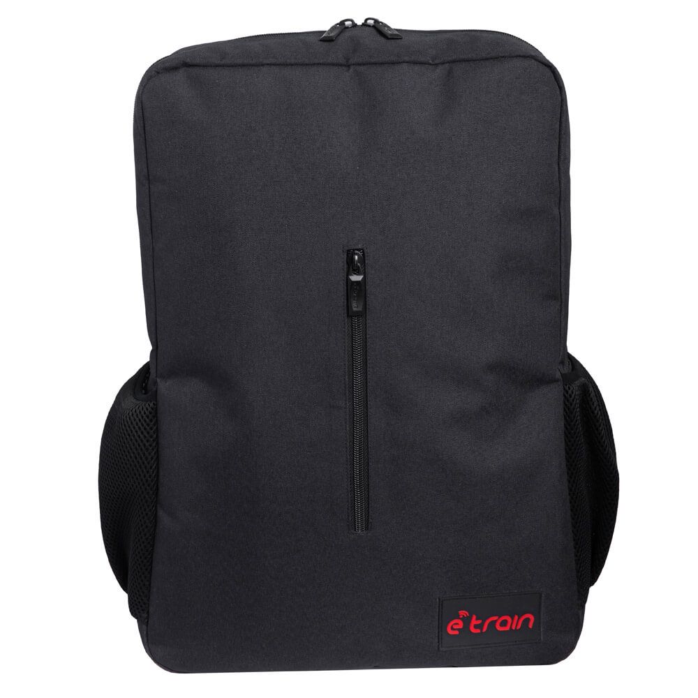E-train Laptop Backpack fit up to 15.6” Laptops High Quality Nylon Material Small zipper pocket on the Front Two side Pockets Black