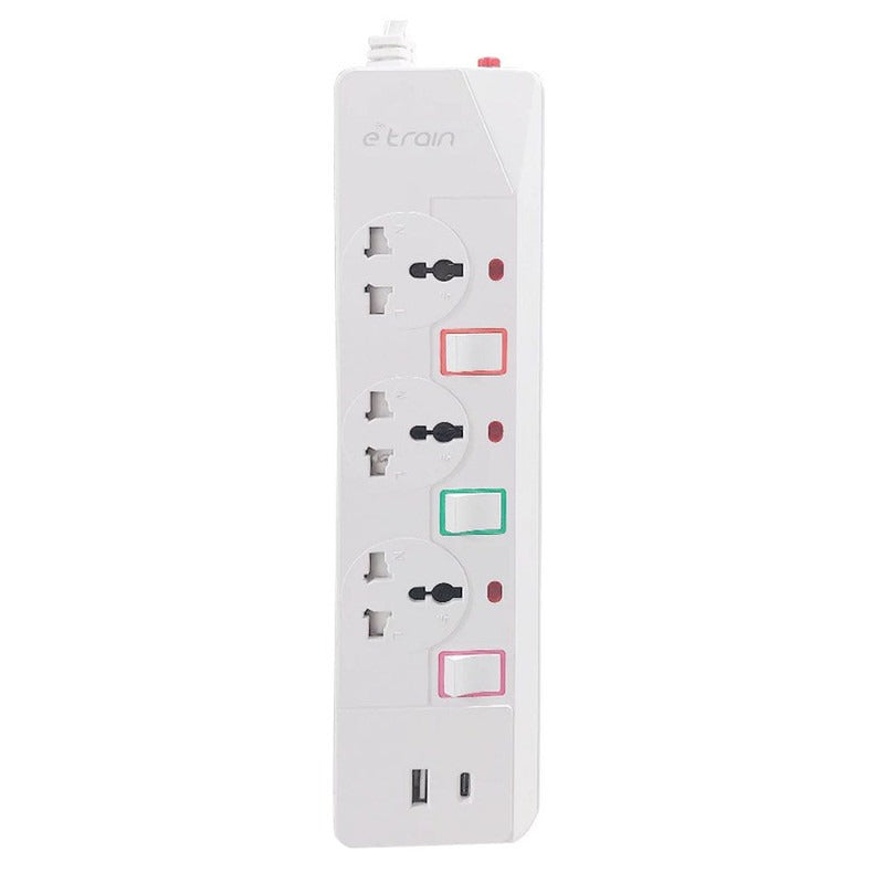 Etrain 16A Power Strip with Overload Protection 3 Output Plugs + 1 USB + 1 Type-C 2.4A Charging Ports, 1.5M - On/OFF Switch
