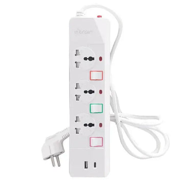 Etrain 16A Power Strip with Overload Protection 3 Output Plugs + 1 USB + 1 Type-C 2.4A Charging Ports, 1.5M - On/OFF Switch