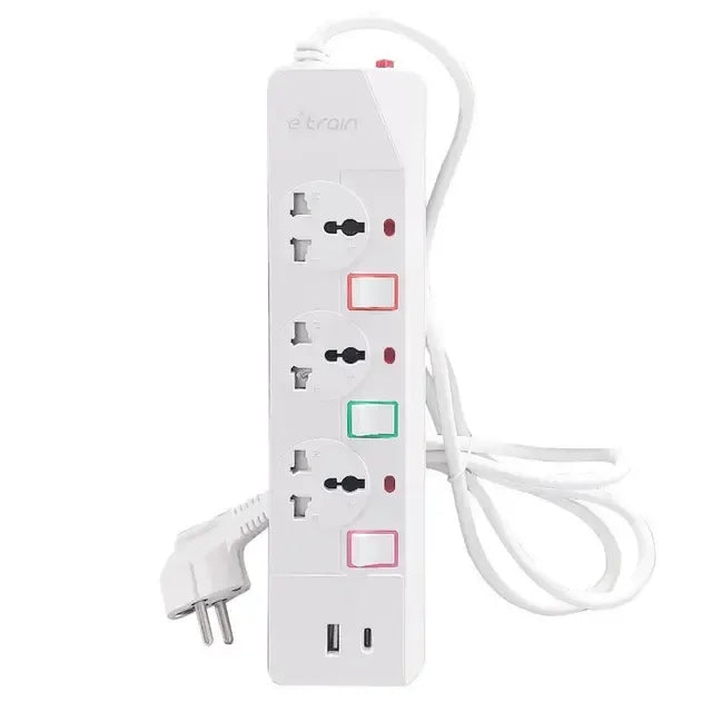 Etrain 16A Power Strip with Overload Protection 3 Output Plugs + 1 USB + 1 Type-C 2.4A Charging Ports, 1.5M - On/OFF Switch